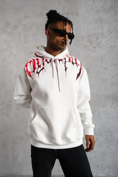Erkek 3 İplik Pamuklu Baskılı Kapüşonlu Cepli Sweatshirt Hoodie - Beyaz ürün görseli 1