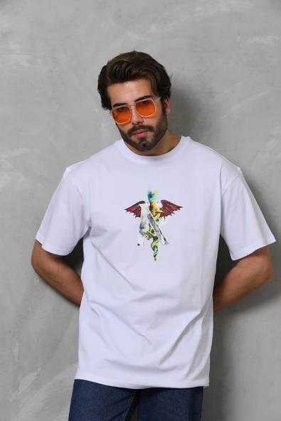 Erkek Baskılı T-Shirt Kısa Kol Bisiklet Yaka Regular Fit Rahat Kalıp Tişört -  Beyaz ürün görseli 1