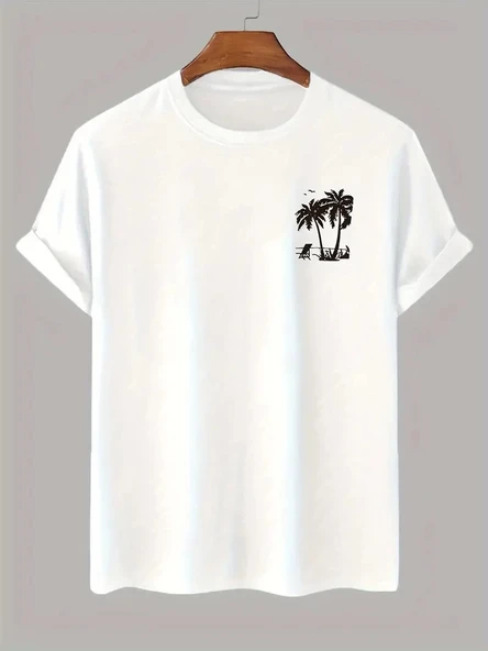 Erkek Tişört Palmiye Baskılı Bisiklet Yaka Kısa Kol T-Shirt - Beyaz ürün görseli 1
