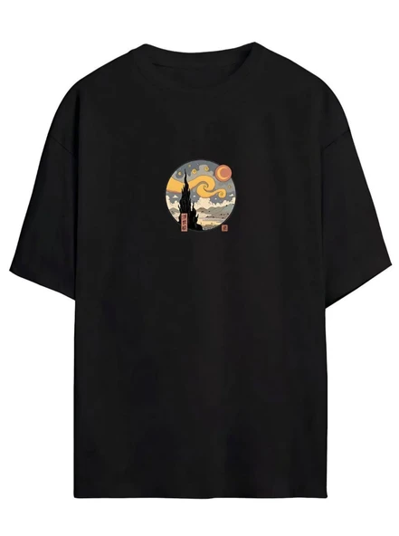 Kadın Baskılı T-Shirt Kısa Kol Bisiklet Yaka Oversize Rahat Kalıp Tişört - Siyah ürün görseli 1