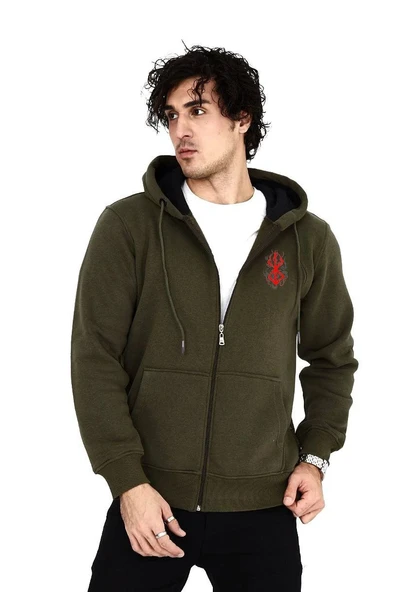 Erkek 3 İplik Pamuklu Kapüşonlu Tam Fermuarlı Cepli Hoodie Sweatshirt - Haki ürün görseli 1