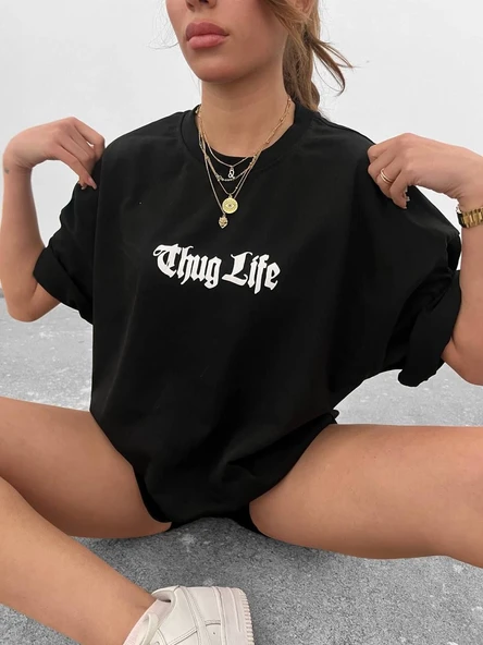 Kadın Bisiklet Yaka Baskılı Oversize  Kısa kol T-Shirt - Siyah ürün görseli 1