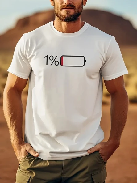 Erkek Sarj %1 Baskılı T-Shirt Kısa Kol Bisiklet Yaka Regular Fit Tişört - Beyaz ürün görseli 1