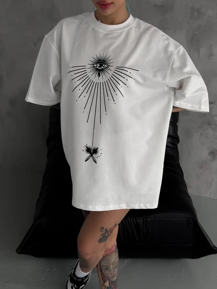 kadın Bisiklet Yaka Baskılı Oversize  Kısa kol T-Shirt - Beyaz ürün görseli 1