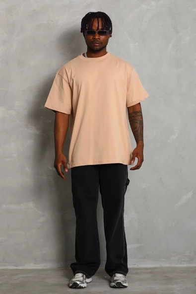 Erkek Düz Yazlık Kısa Kol Tişört Bisiklet Yaka Oversize T-Shirt - Bej ürün görseli 1
