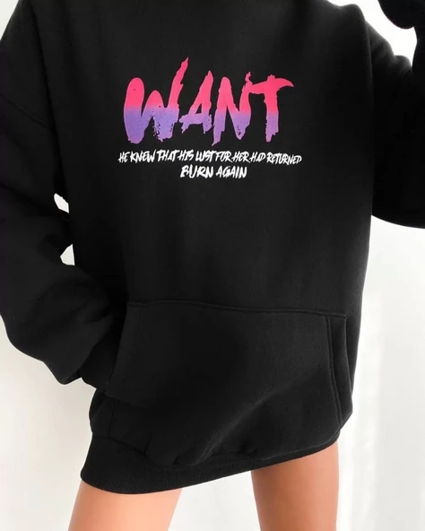 Kadın Oversize Kapüşonlu Cepli WANT Baskılı 3 İplik Pamuklu Hoodie Sweatshirt - Siyah ürün görseli 1