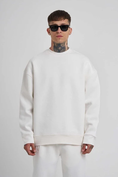 ERKEK Bisikilet Yaka 3 plik Pamuklu SweatShirt - Beyaz ürün görseli 1