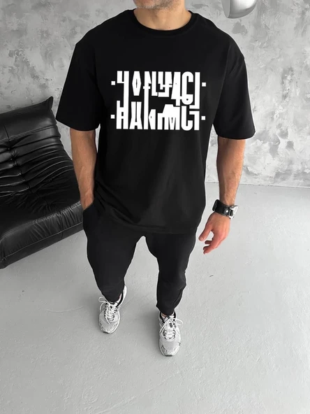 Erkek Tişört Kısa Kol Bisiklet Yaka Katlanan HANIMCI Baskılı T-Shirt - Siyah ürün görseli 1