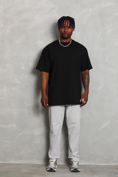 Erkek Düz Yazlık Kısa Kol Tişört Bisiklet Yaka Oversize T-Shirt - Siyah ürün görseli 1