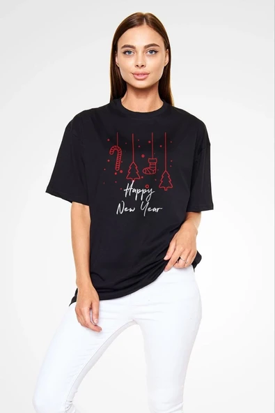 kadın Bisiklet Yaka  Kısa kol Baskılı Oversize T-Shirt - Siyah ürün görseli 1