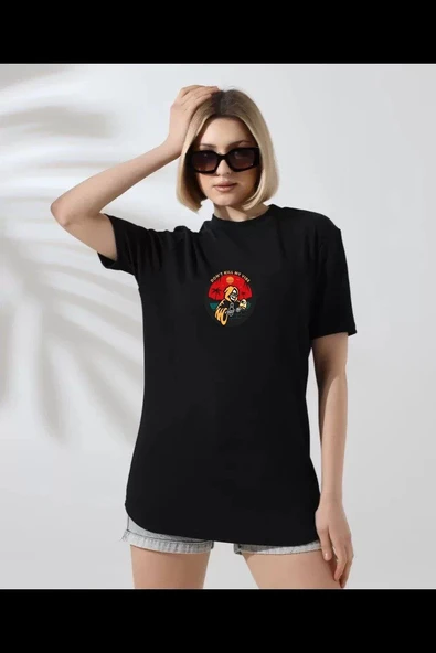 Kadın Bisiklet Yaka Baskılı  kısa kol T-Shirt - Siyah ürün görseli 1