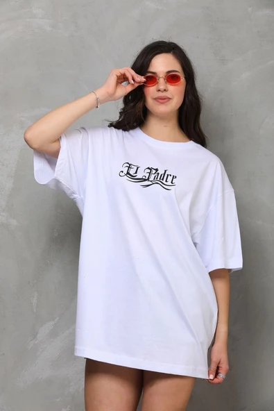Kadın Kısa Kol Yazlık Tişört Bisiklet Yaka Baskılı Oversize T-Shirt - Beyaz ürün görseli 1