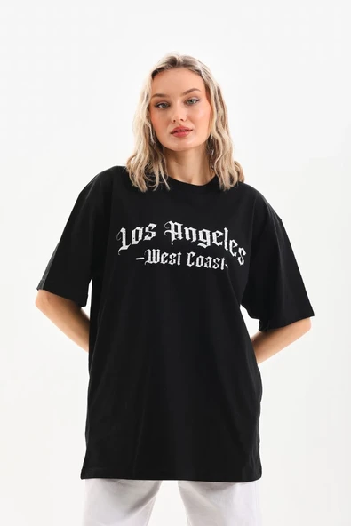 Kadın Baskılı Tişört Kısa Kol Bisiklet Yaka Oversize T-Shirt - Siyah ürün görseli 1