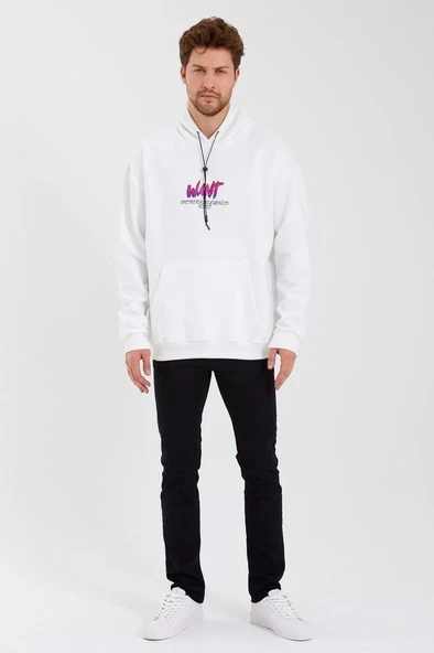 Erkek 3 İplik Pamuklu Kapüşonlu Baskılı Cepli Oversize Sweatshirt Hoodie - Beyaz ürün görseli 1