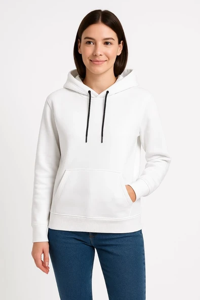 Kadın Kapüşonlu Kanguru Cepli 3 İplik Pamuklu Oversize Hoodie Sweatshirt - Beyaz ürün görseli 1