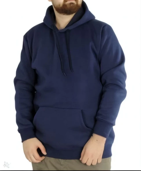 Erkek 3 İplik Pamuklu Kapüşonlu Cepli Oversize Hoodie Sweatshirt - Lacivert ürün görseli 1
