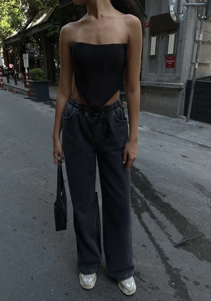 Kadın Arkadan Yırtmaçlı Jeans Kot Palazzo Pantolon - Siyah ürün görseli 1