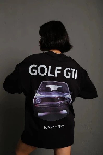 Kadın Oversize Tişört Golf GTI Retro Araba Baskılı T-shirt - Siyah ürün görseli 1