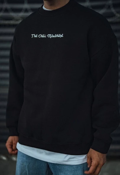 Erkek 3 iplik Pamuklu Bisiklet Yaka Baskılı SweatShirt - Siyah ürün görseli 1