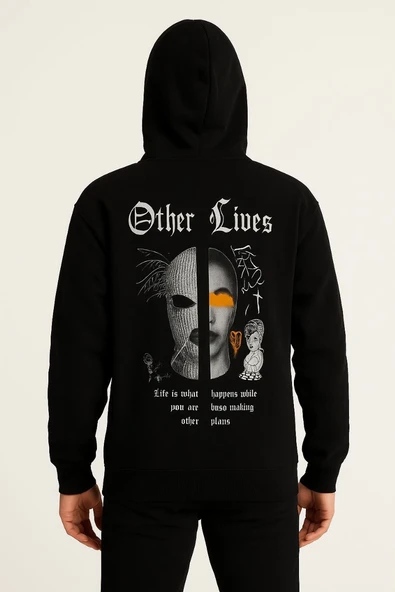 Erkek Kapüşonlu Kanguru Cepli Sweatshirt 3 İplik Pamuklu Baskılı Hoodie - Siyah ürün görseli 1