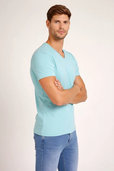 Erkek Body T-shirt V Yaka Slim Fit Likralı Kısa kol Tişört - Turkuvaz ürün görseli 1