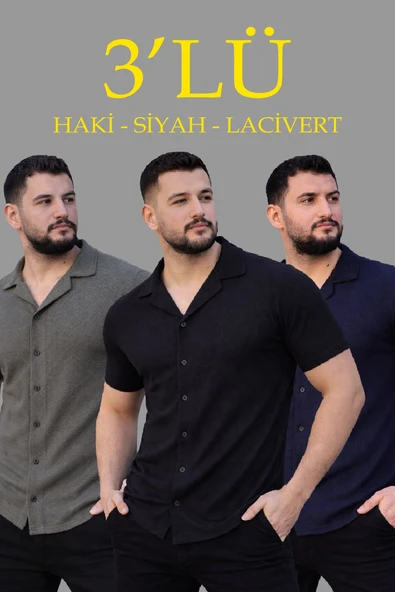 Erkek Waffle Kumaş Yakalı Kısa Kol Düğmeli Gömlek 3 lü Set Siyah-Haki-Lacivert ürün görseli 1