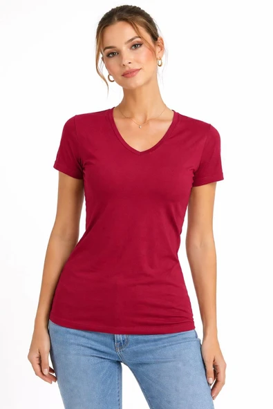Kadın T-Shirt V Yaka Slim Fit Likralı Tişört Yazlık Basic Body - Kırmızı ürün görseli 1