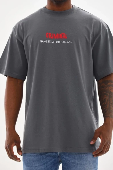 Erkek Baskılı T-Shirt Kısa Kol Bisiklet Yaka Rahat Kalıp Tişört - Füme ürün görseli 1