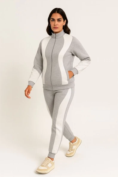 Kadın Premium Parçalı Eşofman Alt-Üst Takım - Dik Yaka Fermuarlı Sweatshirt - Gri ürün görseli 1