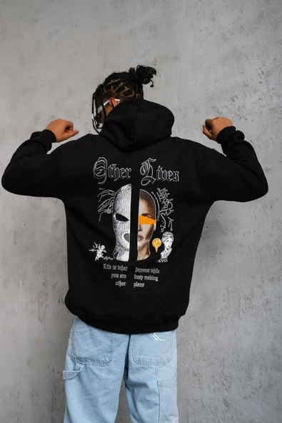 Erkek Kapüşonlu Kanguru Cepli Sweatshirt 3 İplik Pamuklu Baskılı Hoodie - Siyah ürün görseli 1