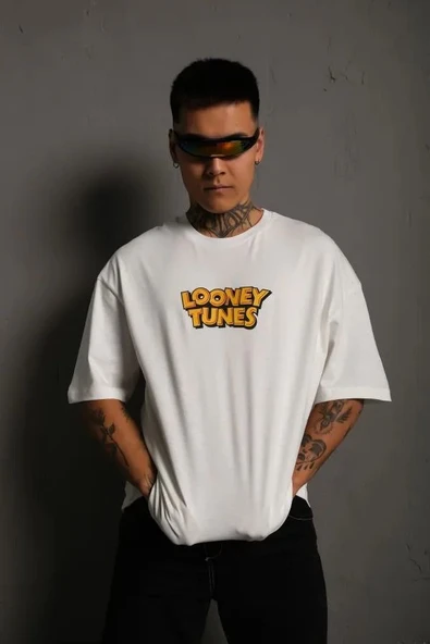 Erkek Bisiklet Yaka Baskılı Oversize Kısa kol T-Shirt - Beyaz ürün görseli 1