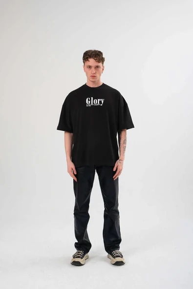 Erkek Kısa Kol Yazlık Tişört Bisiklet Yaka Baskılı Oversize T-Shirt -  Siyah ürün görseli 1