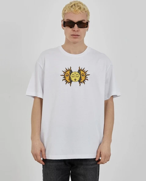 Erkek Kısa Kol Yazlık Tişört Bisiklet Yaka Baskılı Oversize T-Shirt - Beyaz ürün görseli 1