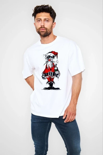 Erkek Kısa Kol Tişört Bisiklet Yaka Yeni Yıl Baskılı T-Shirt - Beyaz ürün görseli 1