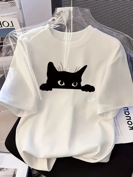 Kadınlar için Siyah Kedi Grafik Tişört - Oversize Kısa Kollu Üst Nefes Alabilir - Beyaz ürün görseli 1