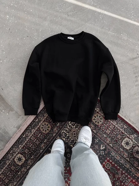 Kadın Bisiklet Yaka 3 İplik Pamuklu Basic SweatShirt - Siyah - Resim 5