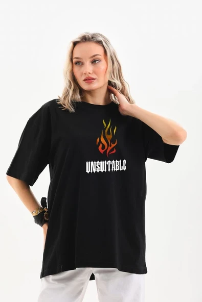 Kadın Baskılı T-Shirt Kısa Kol Bisiklet Yaka Oversize Rahat Kalıp Günlük Tişört   - Siyah ürün görseli 1