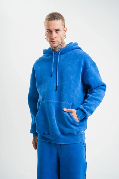 ERKEK 3 İplik Pamuklu Oversize Kapüşonlu Yıkamalı Hoodie SweatShirt - Mavi ürün görseli 1
