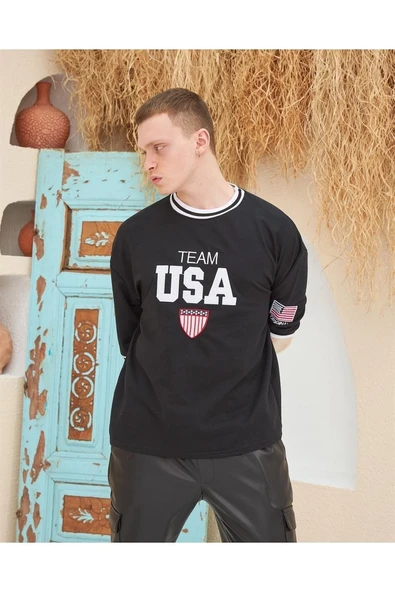Erkek Bisiklet Yaka Tişört Nakış İşlemeli Kısa Kol Oversize T-ShirtSiyah ürün görseli 1