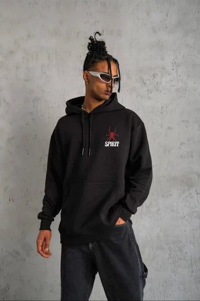 Erkek 3 İplik Pamuklu Kapüşonlu Baskılı Cepli Oversize Sweatshirt Hoodie - Siyah ürün görseli 1
