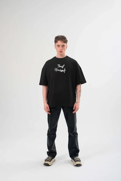 Erkek Kısa Kol Yazlık Tişört Bisiklet Yaka Baskılı Oversize T-Shirt - Siyah ürün görseli 1