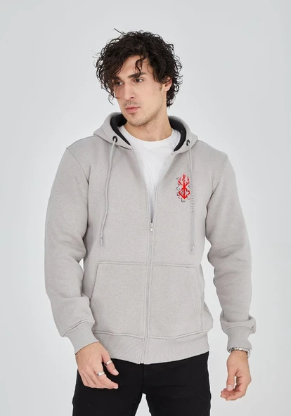 Erkek 3 İplik Pamuklu Kapüşonlu Tam Fermuarlı Cepli Hoodie Sweatshirt - Boyalı Gri ürün görseli 1