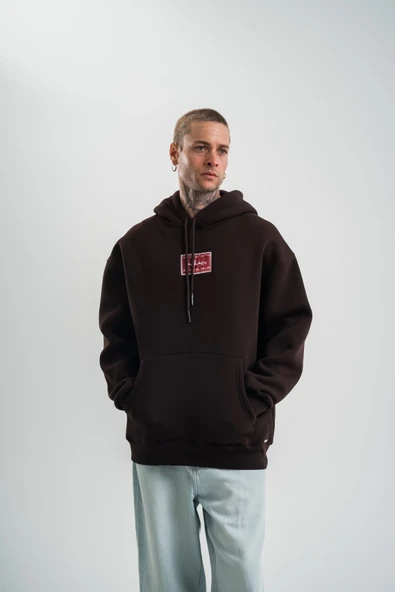 Erkek Nakışlı Kapüşonlu Oversize 3 İplik Pamuklu SweatShirt Hoodie - Siyah ürün görseli 1