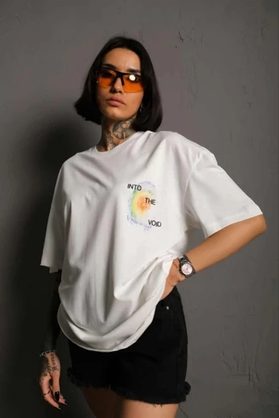 kadın Bisiklet Yaka Baskılı Oversize Kısa kol T-Shirt - Beyaz ürün görseli 1