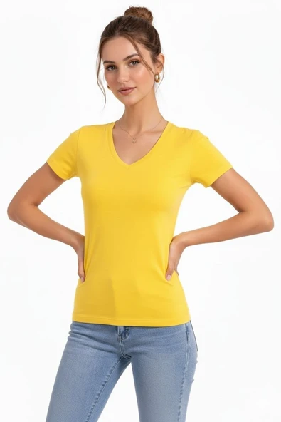 Kadın T-Shirt V Yaka Slim Fit Likralı Tişört Yazlık Basic Body - Sarı ürün görseli 1