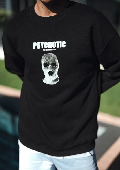 Erkek 3 iplik pamuklu Kışlık Bisiklet Yaka Baskılı SweatShirt - Siyah ürün görseli 1