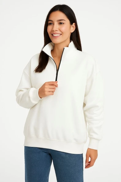 Kadın 3 İplik Pamuklu Dık Yaka Yarım Fermuarlı SweatShirt - Beyaz ürün görseli 1