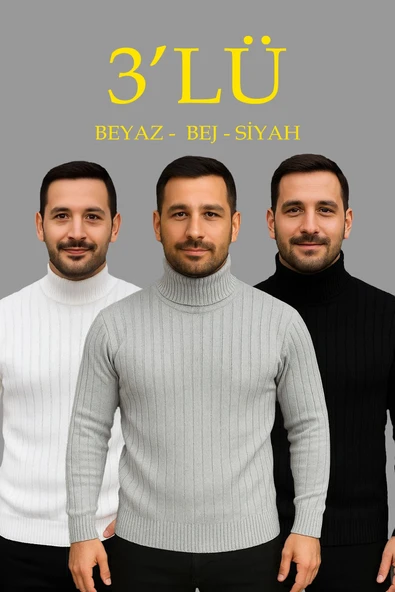 Erkek Fitilli Kazak Tam Boğazlı Balıkçı Yaka Triko 3'lü Set Beyaz-Gri-Siyah ürün görseli 1