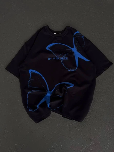 kadın Bisiklet Yaka Baskılı Oversize T-Shirt - Siyah ürün görseli 1