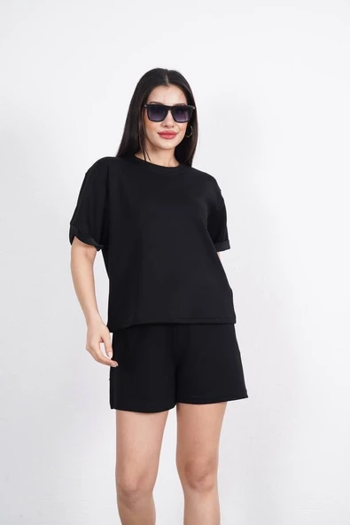Osy Modal yumuşak dokulu Kumaş Kadın Bisiklet Yaka T-shirt Kısa Şort İkili Takım - Siyah ürün görseli 1